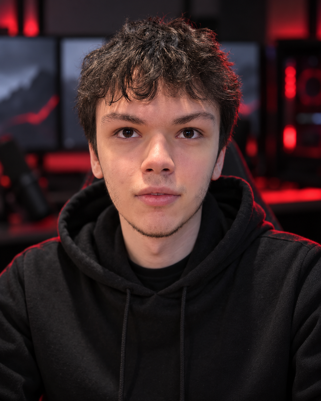 Portrait de Bashteur sur fond noir et rouge